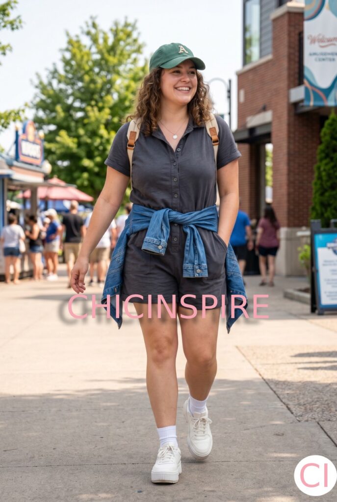 Shorts Jumpsuit with Platform Sneakers and Denim Jacket