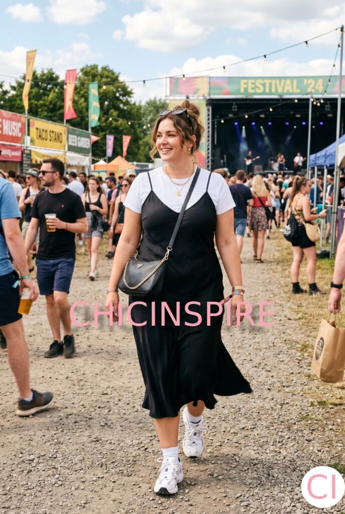 Slip Dress with T-Shirt Underneath and Chunky Sneakers