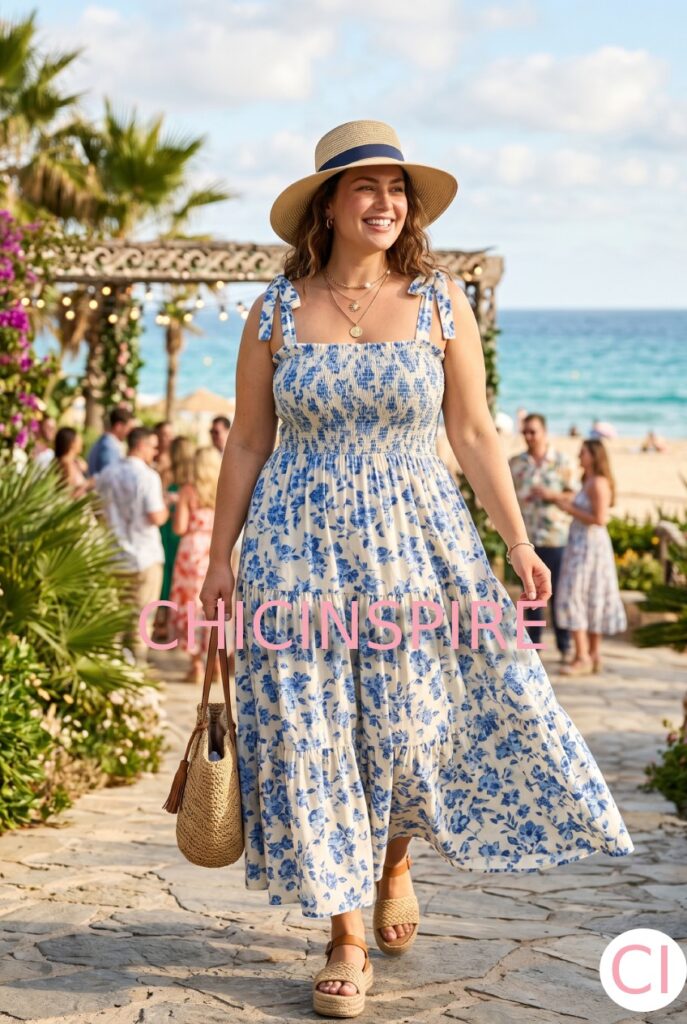 Smocked Maxi Dress with Platform Sandals and Sun Hat