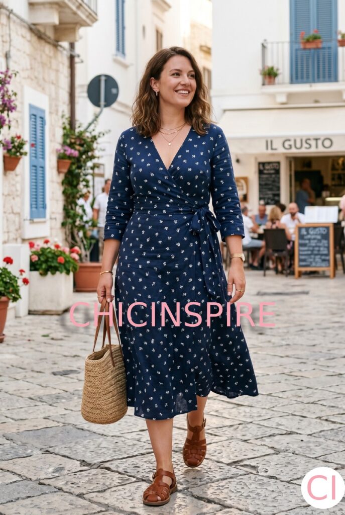 Wrap Dress with Fisherman Sandals and Straw Bag