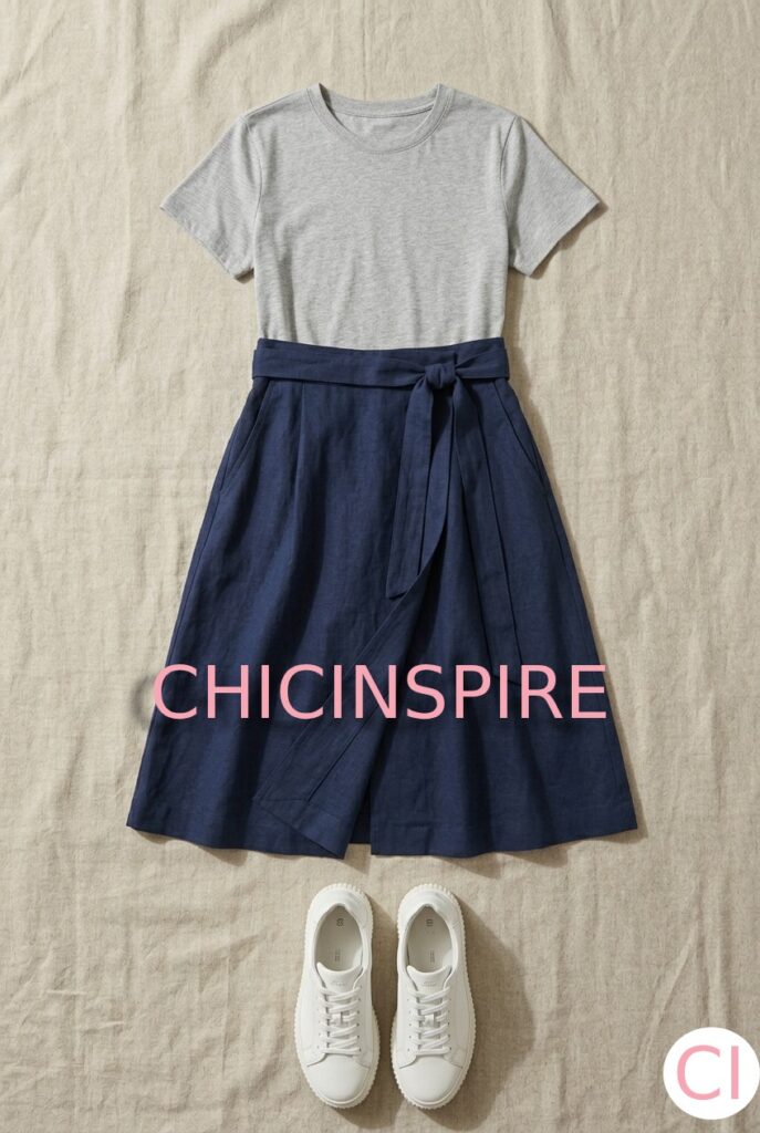 Wrap Midi Skirt with Simple Tee and Platform Sneakers