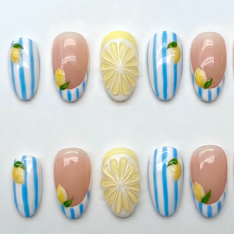 Blue Stripe Lemon Press On Nails – 3D Citrus Fruit Art, Customizable