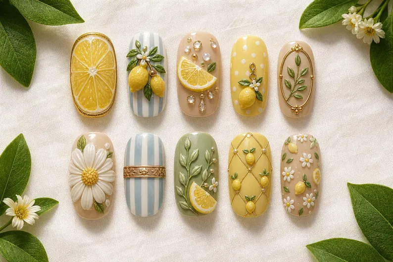 Cute 3D Fruit Nails, Yellow Blue Nails
