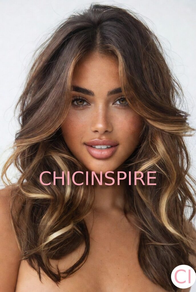Deep Espresso with Golden Ribbons brunette with blonde peekaboo Hairstyle