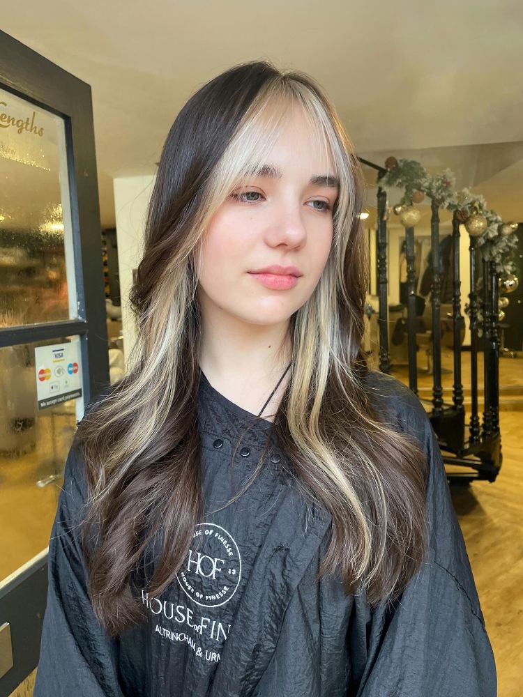 Fine Hair Depth Brunette with Blonde Peekaboo hair color