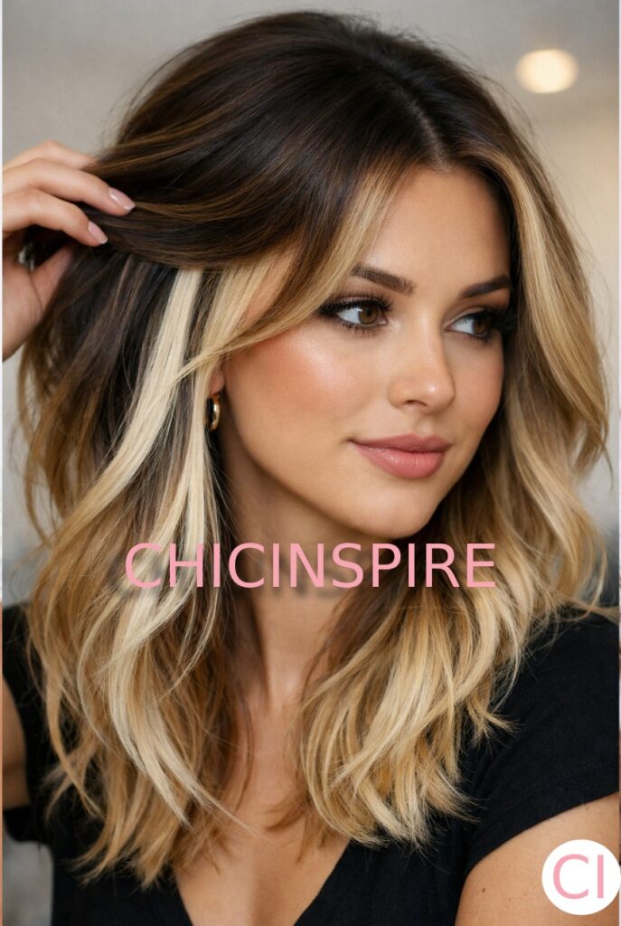 Grown-Out Shadow Roots + Blonde Ends brunette with blonde peekaboo Hairstyle