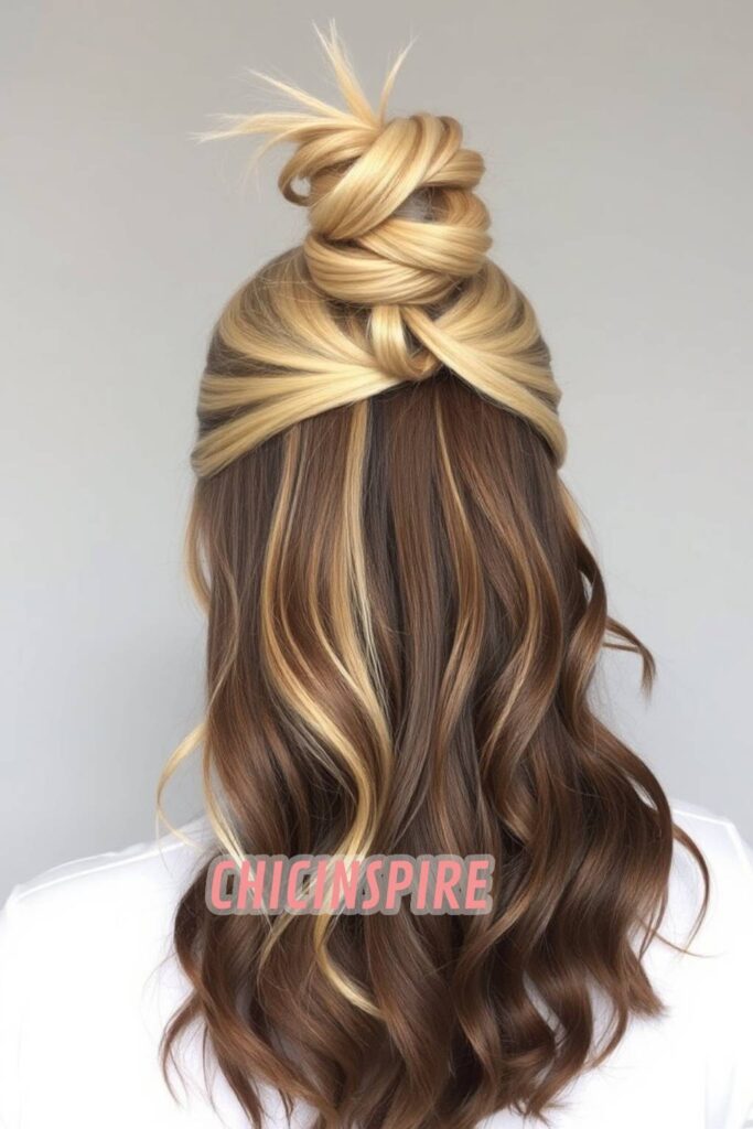Half-Up Top Knot Brunette with Blonde Peekaboo hair color