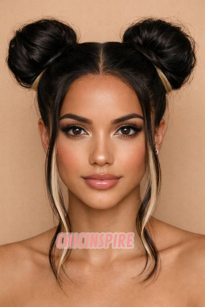 Sleek Space Buns Brunette with Blonde Peekaboo