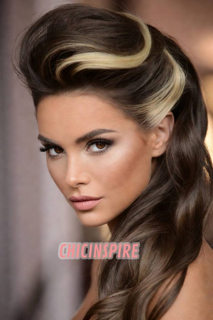 The Dramatic Side Part Brunette with Blonde Peekaboo hair color