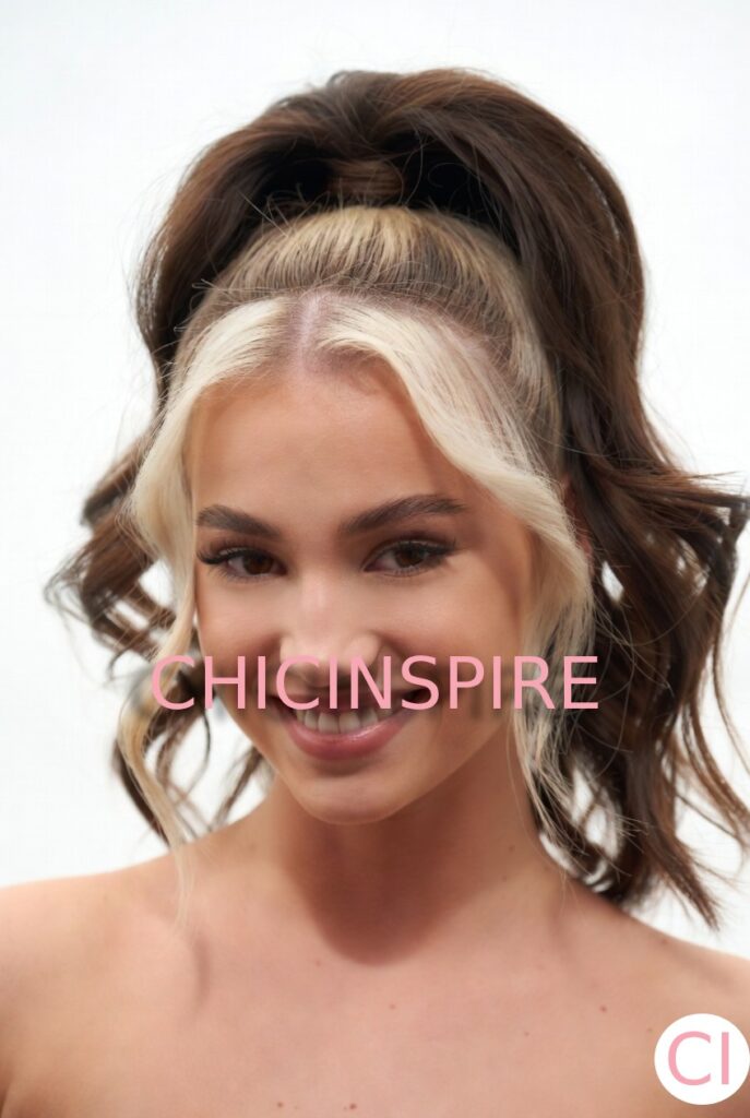 The High Ponytail Pop brunette with blonde peekaboo Hairstyle