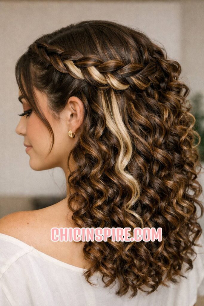 peekaboo braided crown brunette with blonde peekaboo hair color
