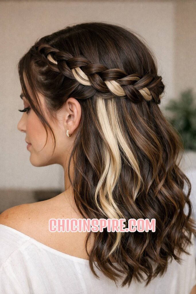 peekaboo braided crown brunette with blonde peekaboo hair color
