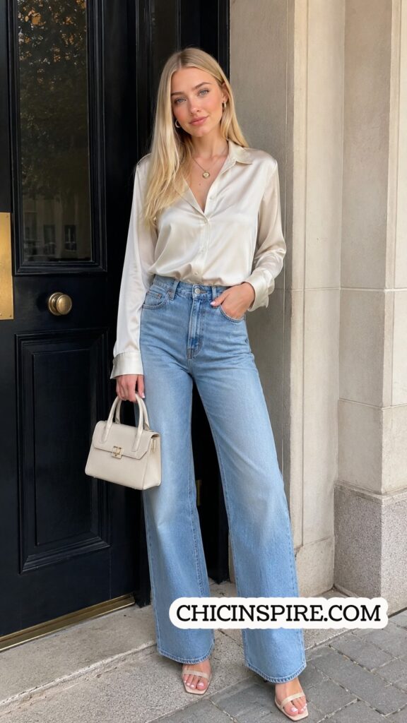 Baggy Jeans with a Satin Blouse