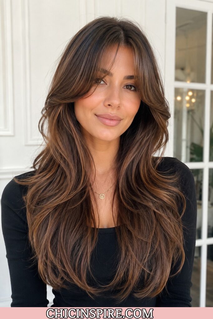 Long Layers with Soft Curtain Bangs