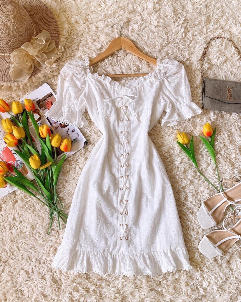 White boho Puff Sleeve Mini in Eyelet