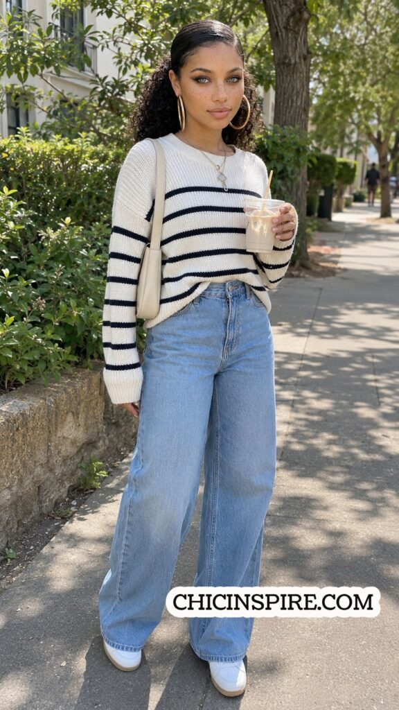 Wide-Leg Jeans with a Striped Sweater