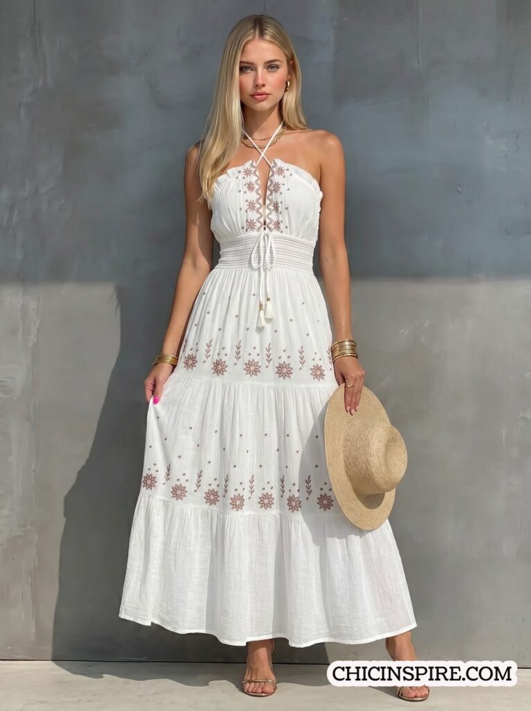 boho Embroidered White Maxi