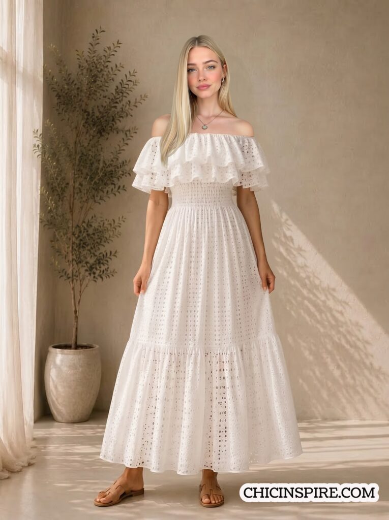 boho Off-Shoulder White Maxi