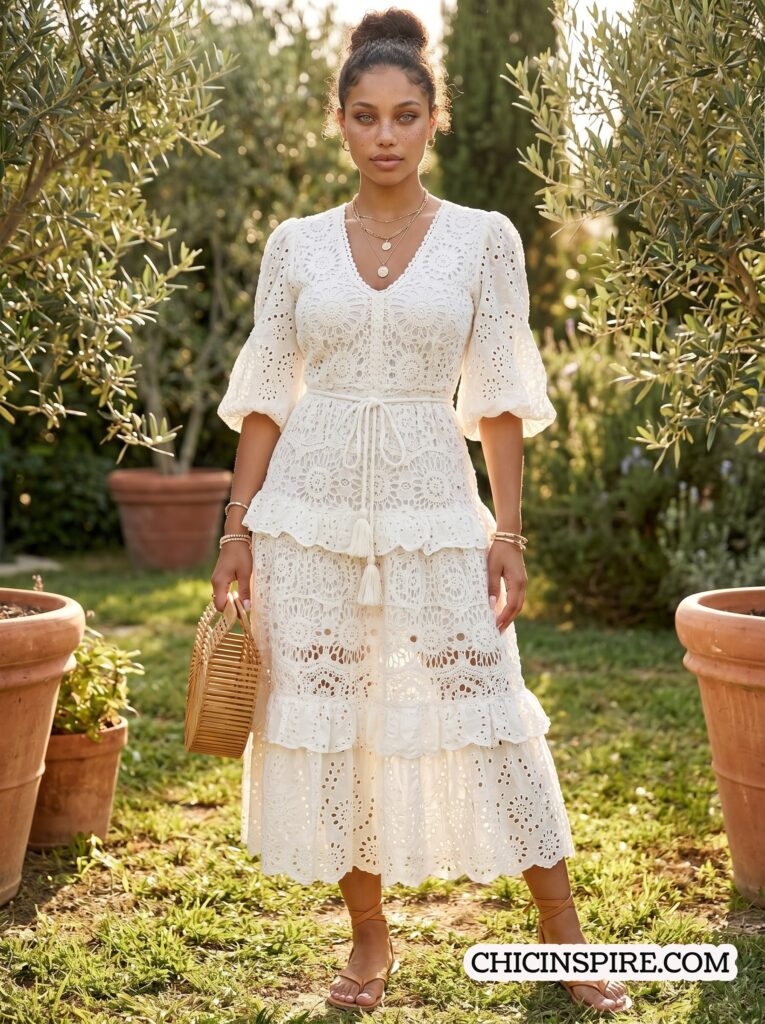 boho white Eyelet Midi Dress