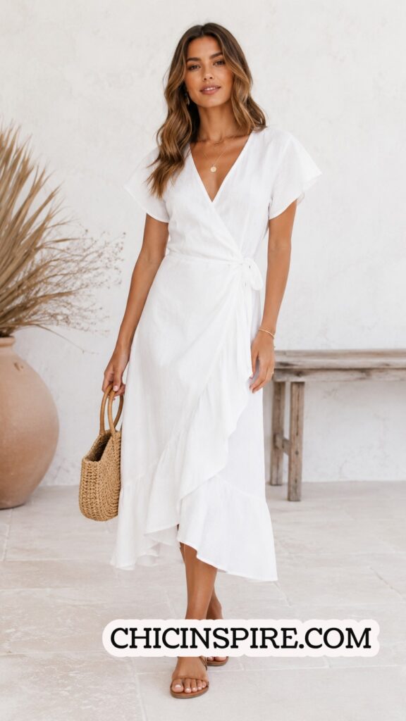 boho white Wrap Midi Dress in Linen