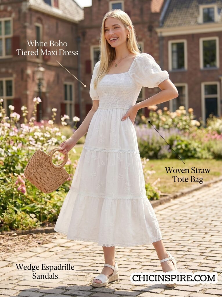 White Boho Dresses Hits mid-calf, often with puff sleeves or a smocked bodice.