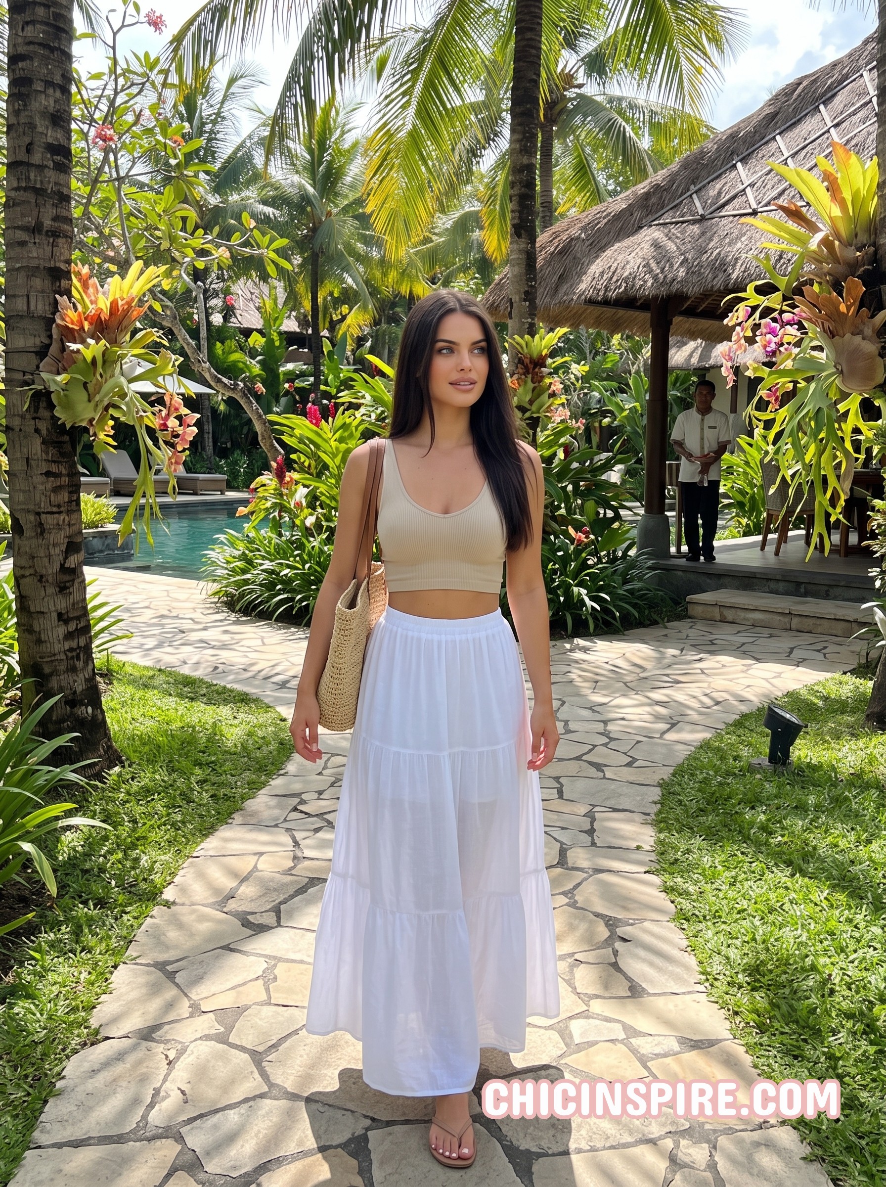 A flowy white maxi skirt with a simple crop top