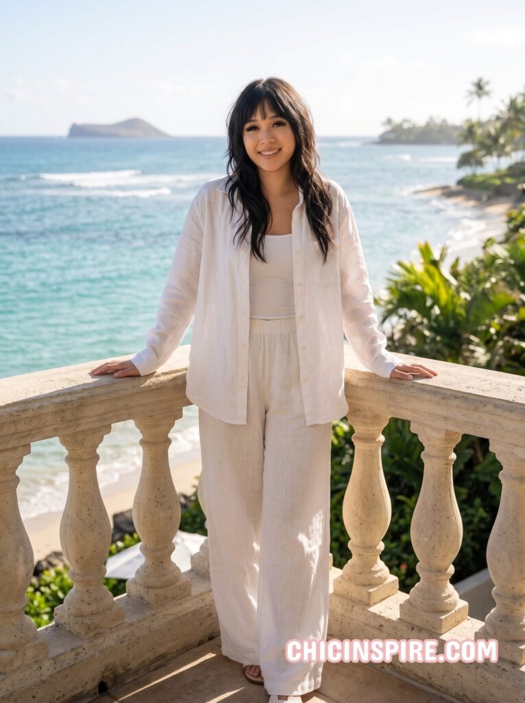 A white linen button-down with matching shorts or wide-leg pants.
