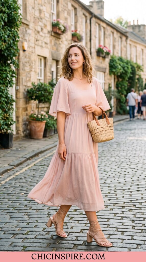 Pink Flowy midi dress with nude strappy heels Baby Pink Outfits, the Soft Power of Pink