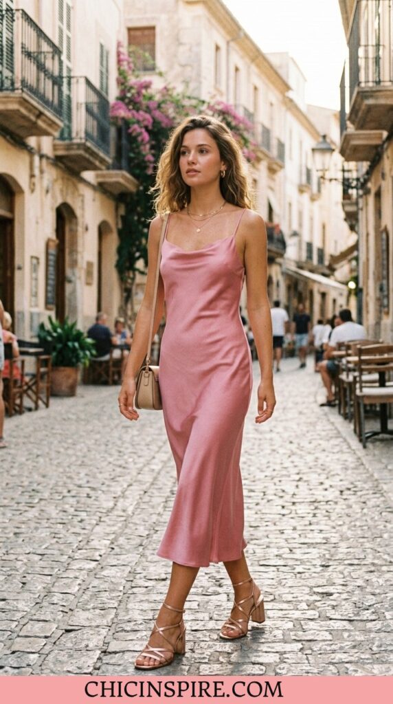 Satin slip Pink dress with strappy heeled sandals