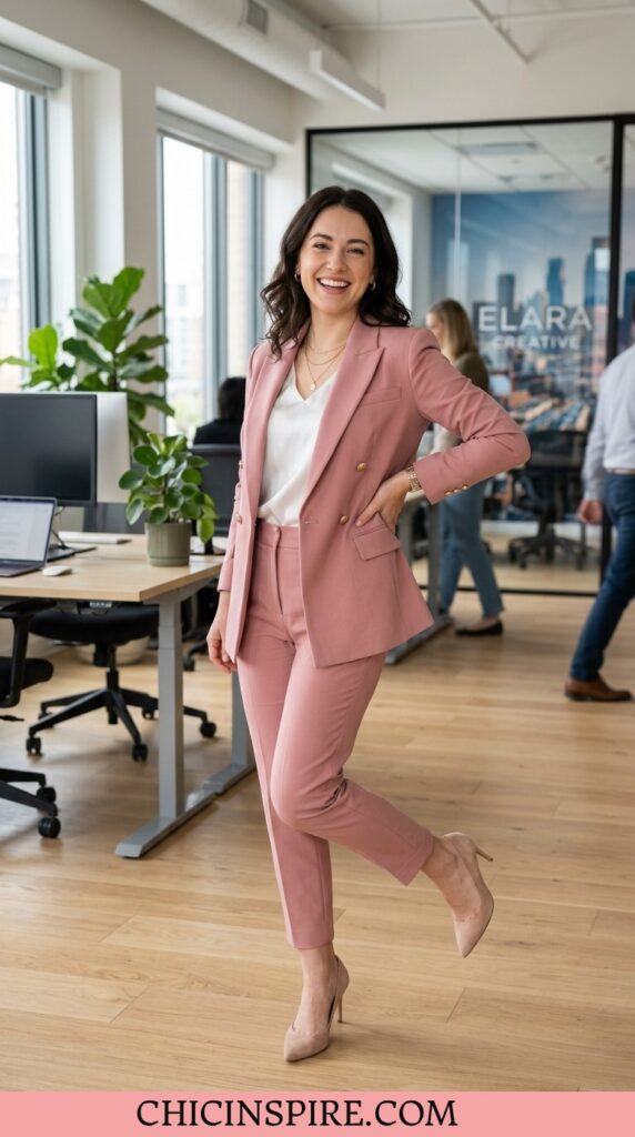 Tailored pink blazer with matching trousers and nude pumps