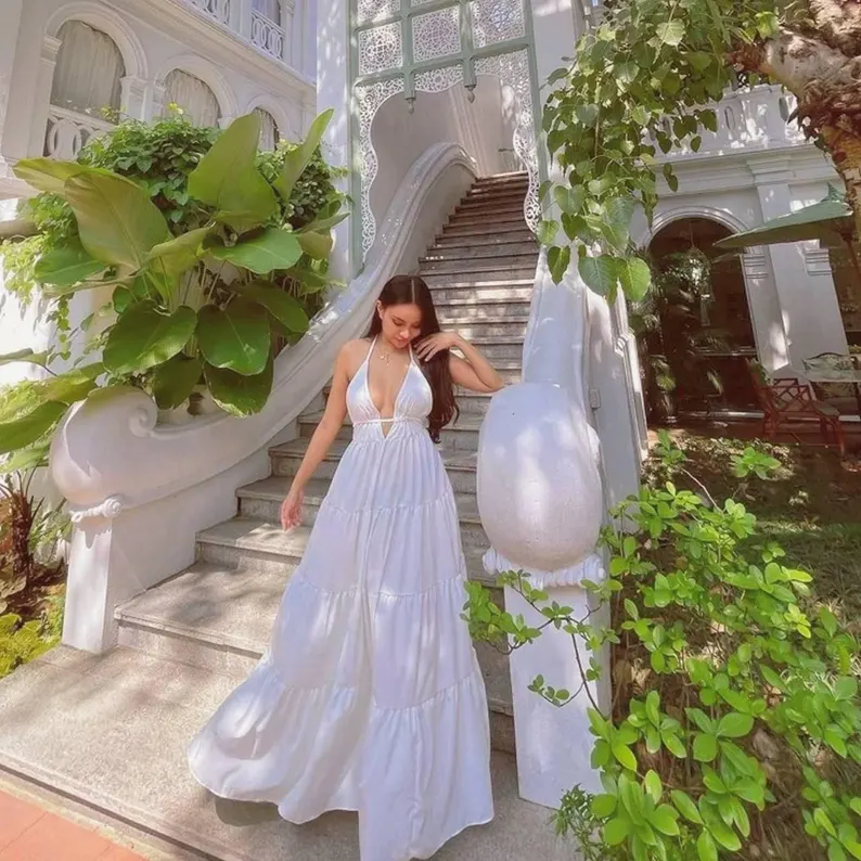 White Cotton Boho Maxi Dress – Open Back Flowy Summer Gown