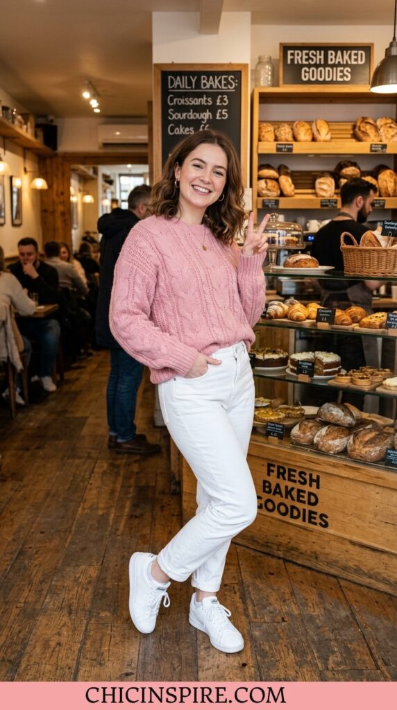 pink knitted sweater with white straight-leg jeans and white sneakers