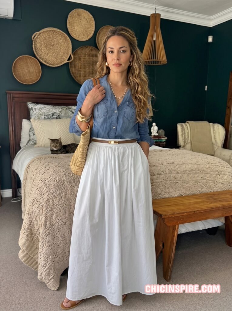 women over 40 Midi Skirt and Button-Down Shirt