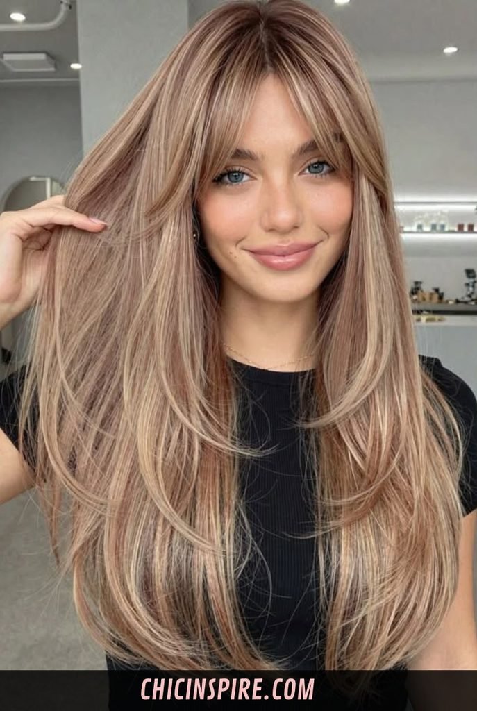 Long Curtain Bangs with Caramel Highlights