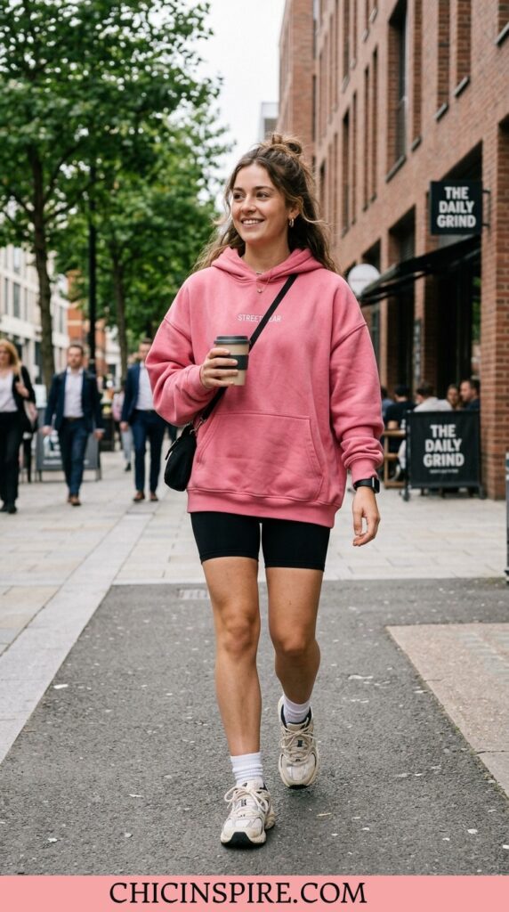 Oversized hoodie with black biker shorts and dad sneakers