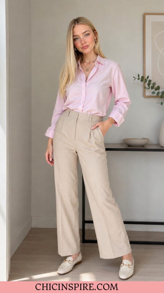 Pink Button-down shirt with high-waisted beige trousers and loafers