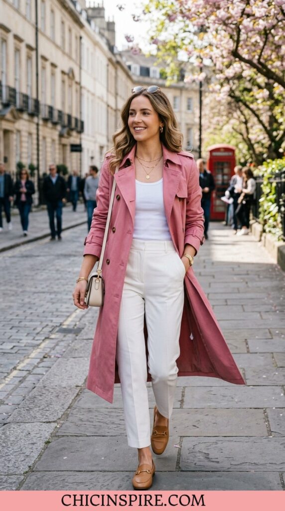 Pink Trench coat with white tank and tailored white trousers