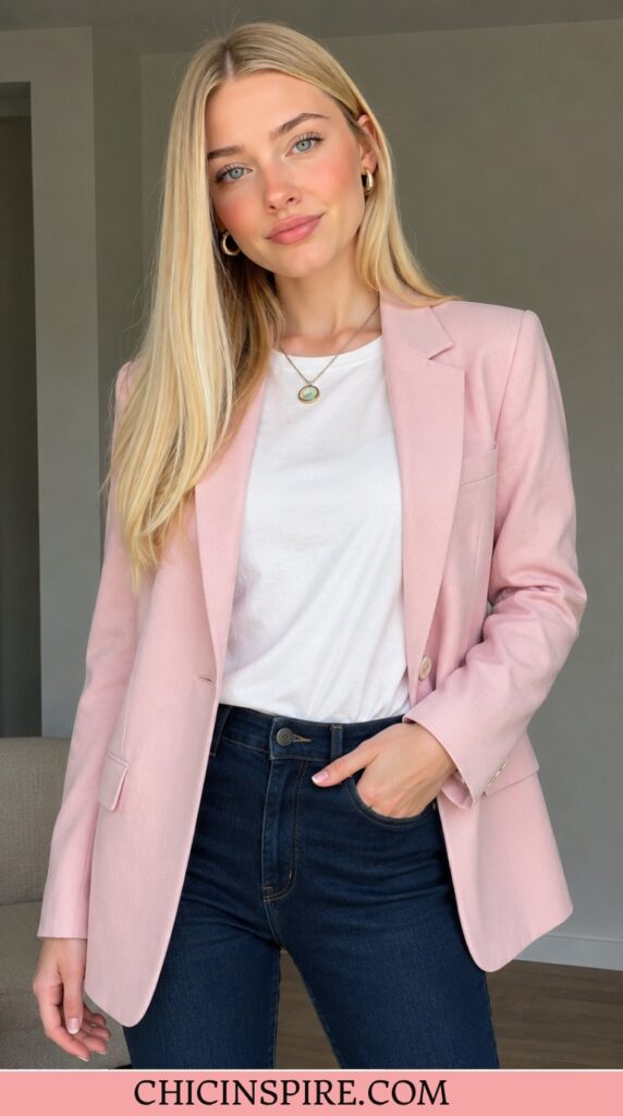 Pink blazer with white tee and dark wash jeans