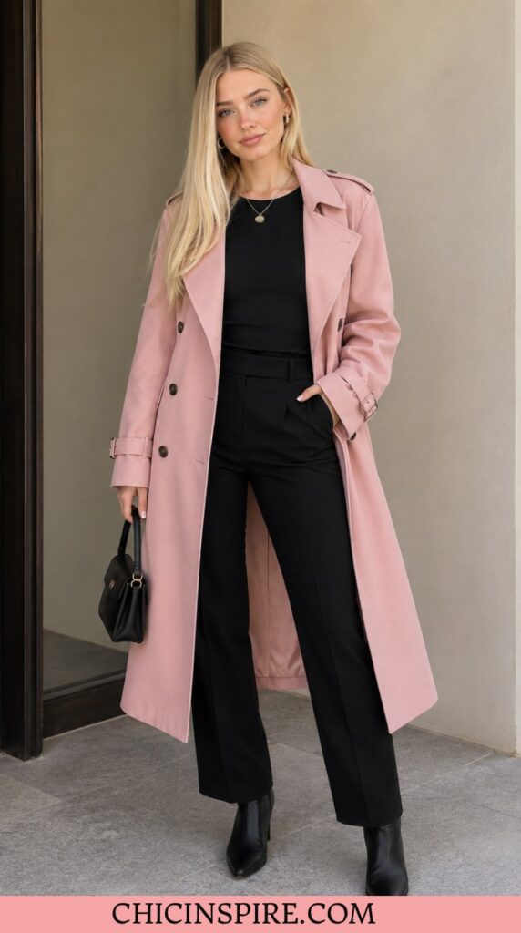 Pink trench with all-black base layers