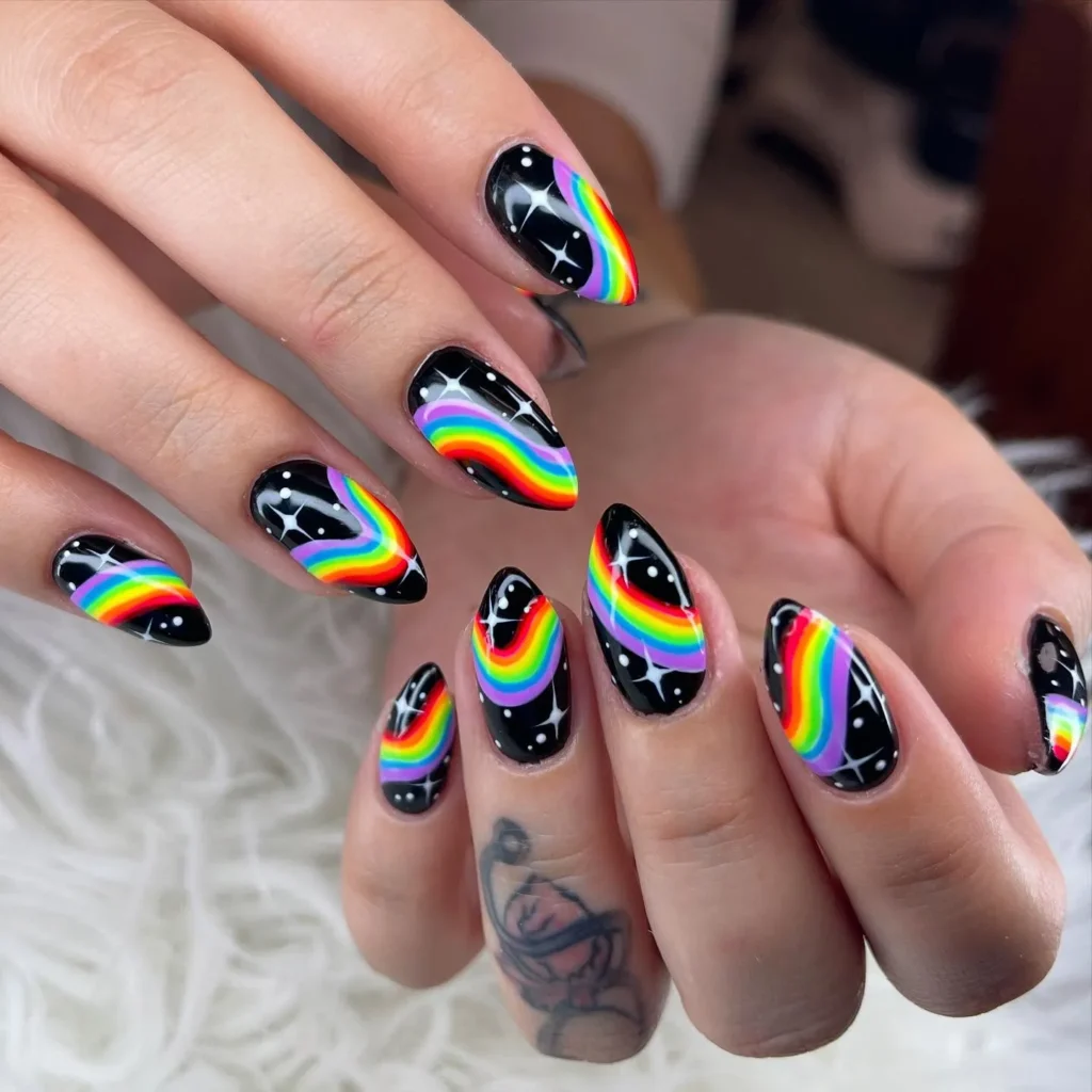 Rhinestone star nails (rainbow or black)