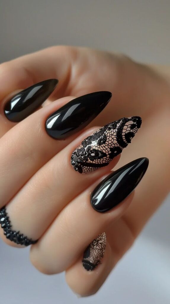 witchy nails design Black lace patterns on sheer grey base
