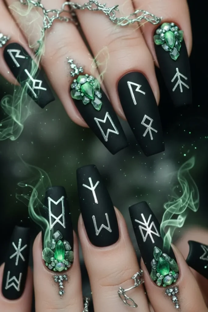 witchy nails design Deep emerald shimmer with fine silver celestial accents