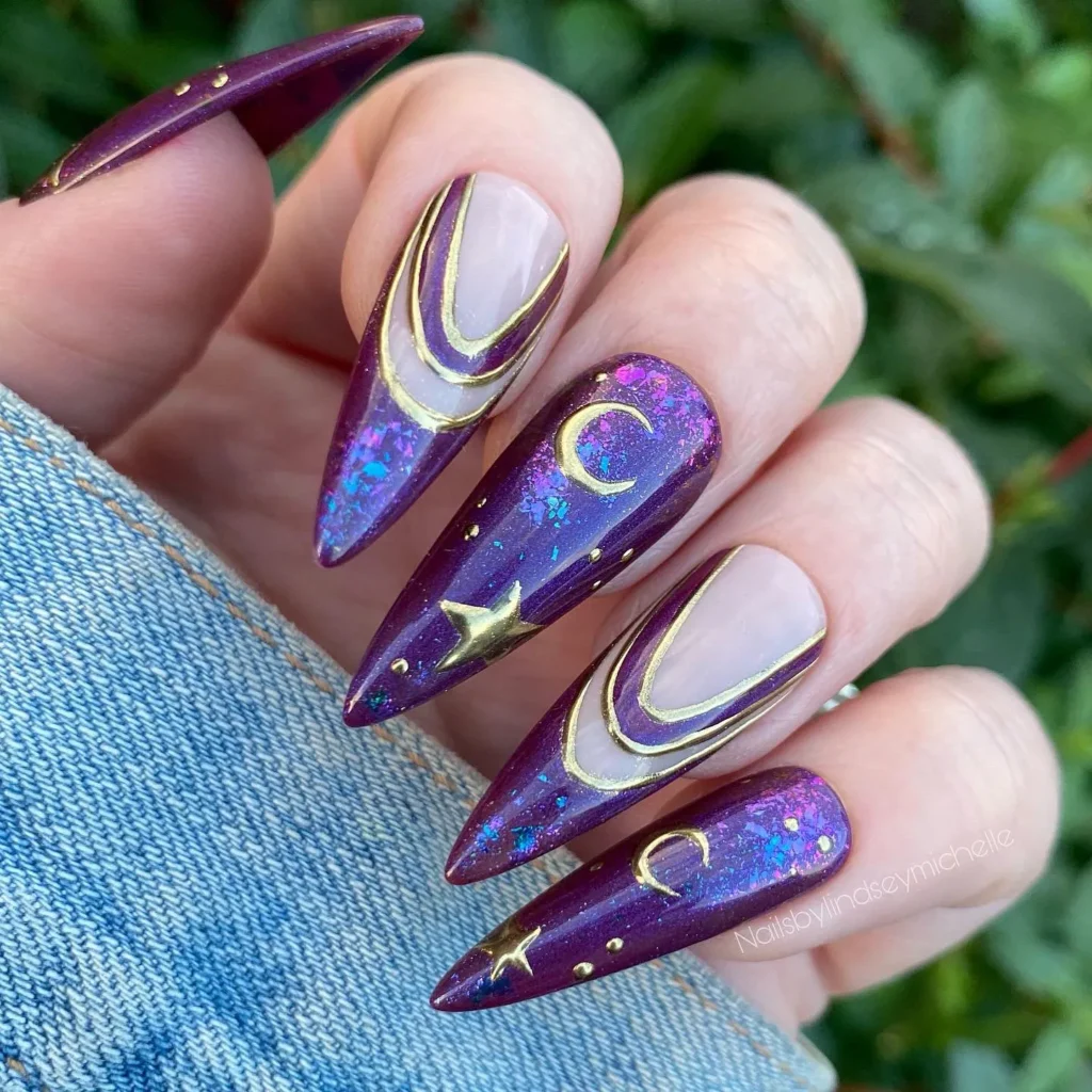 witchy nails design Deep purple galaxy glitter with moon and star details