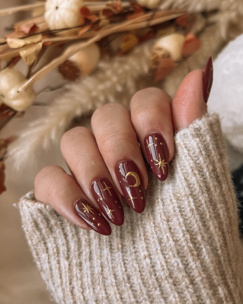 witchy nails design Matte plum with gold moons and stars