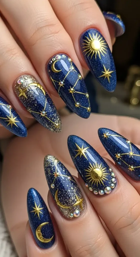 witchy nails design Royal blue with golden constellations and sun motifs