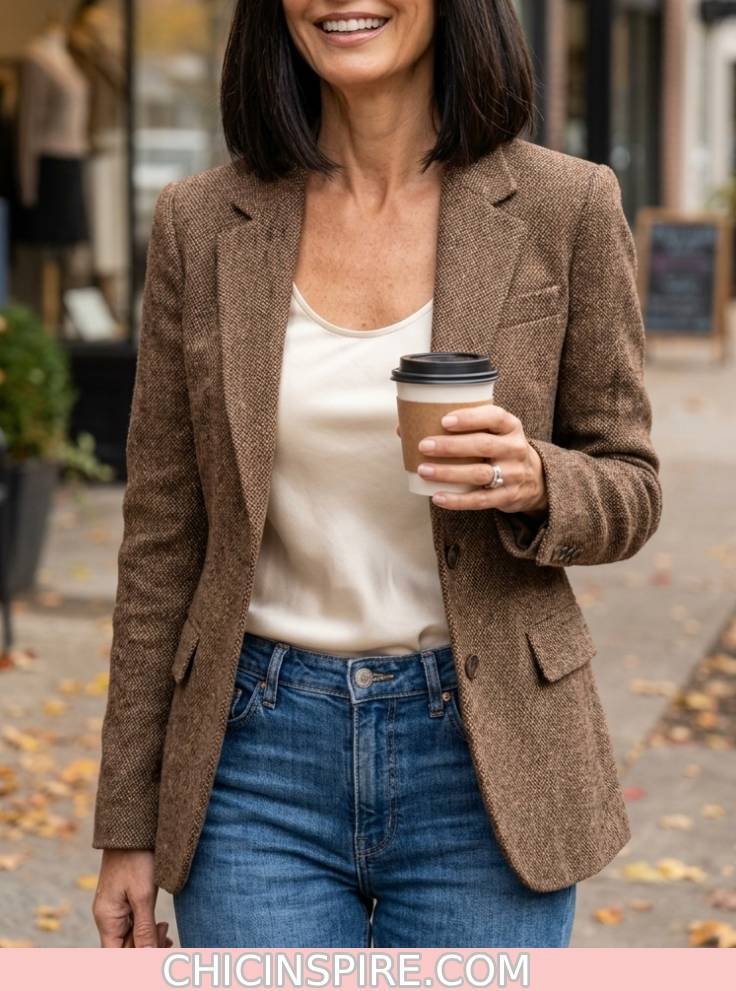 Brown Blazer + Cream Top + Blue Denim