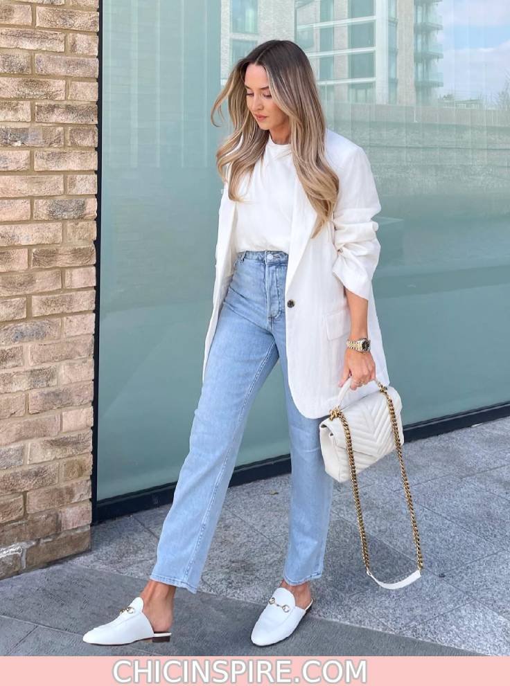 Denim Blazer + White Top + Jeans