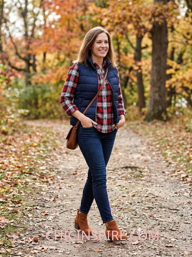 Fall Outfits Over 40: 20 Warm & Cozy Looks for the Season 9 Fall Outfits Over 40: 20 Warm & Cozy Looks for the Season Flannel Shirt + Dark Jeans + Puffer Vest + Booties