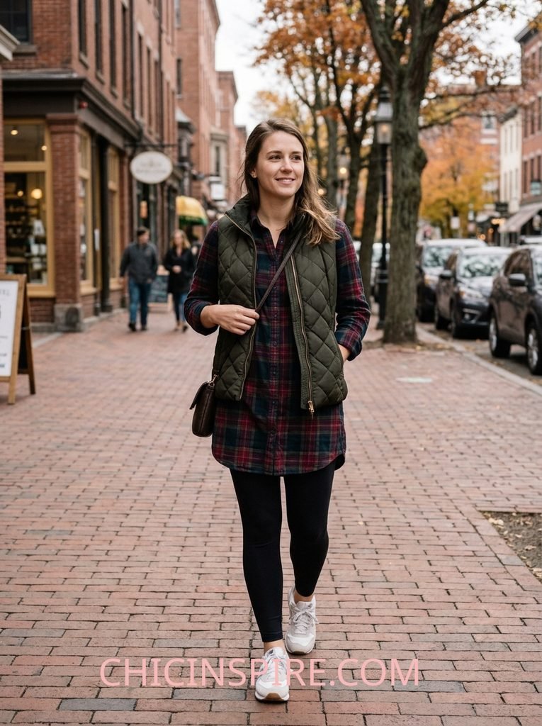 Fall Outfits Over 40: 20 Warm & Cozy Looks for the Season 24 Fall Outfits Over 40: 20 Warm & Cozy Looks for the Season Shirt Dress + Leggings + Puffer Vest + Sneakers