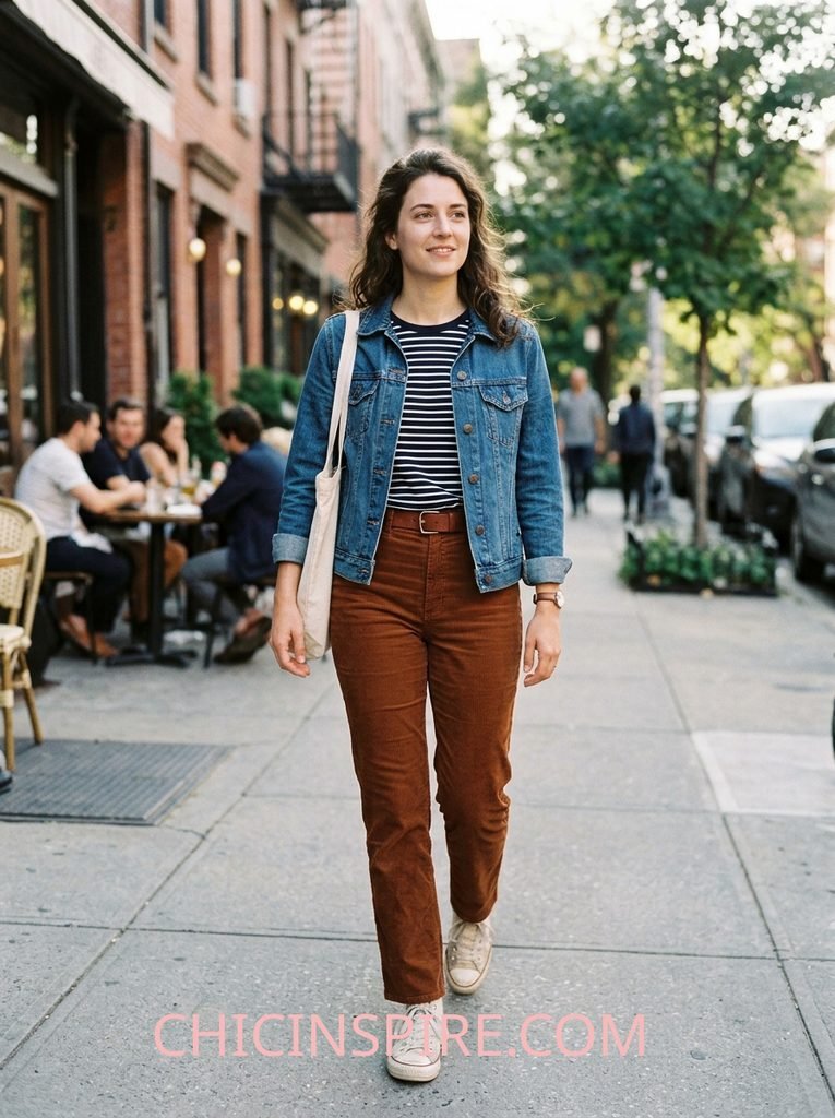 Fall Outfits Over 40: 20 Warm & Cozy Looks for the Season 7 Fall Outfits Over 40: 20 Warm & Cozy Looks for the Season Striped Tee + Corduroy Pants + Denim Jacket + Sneakers